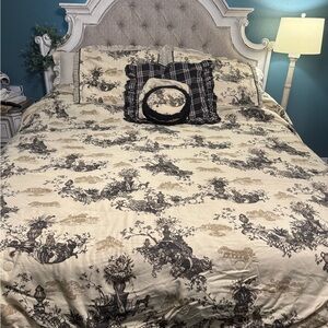 ROSE TREE HOME cream and black toile French country queen bedding set 7 pieces